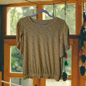 XL Michael Kors Women's Yellow Daisy Floral Short Sleeve Smocked Hem Blouse Top